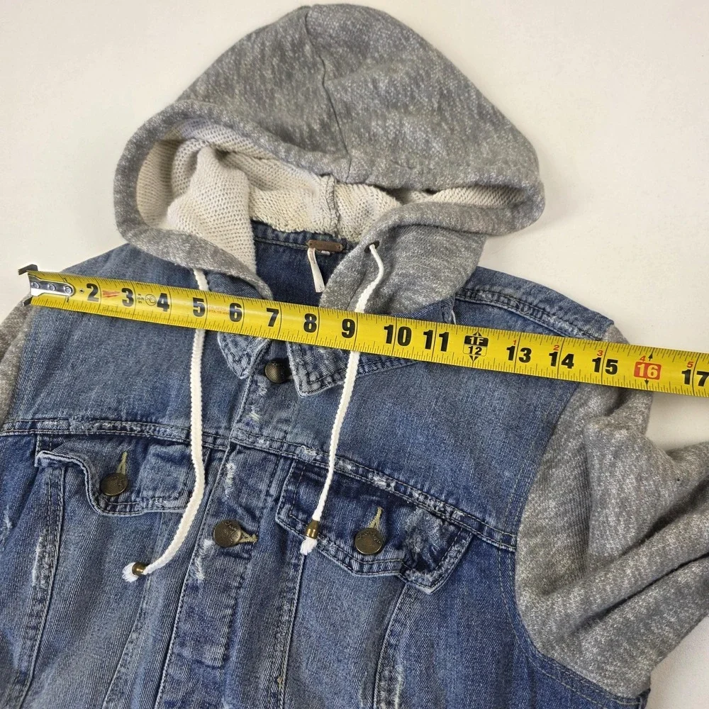 Free People Jacket Womens Large Blue Denim Hooded Sweatshirt Sleeve Button Front - Picture 6 of 13